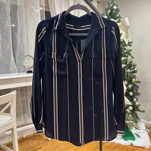Ann Taylor Sleek Stripes: Navy Tie-Neck Blouse with Contrasting Pinstripes